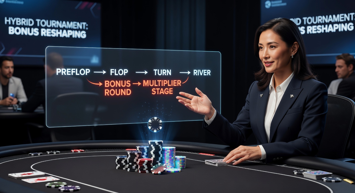 Hybrid live dealer poker tournament setup with bonus indicators on digital displays