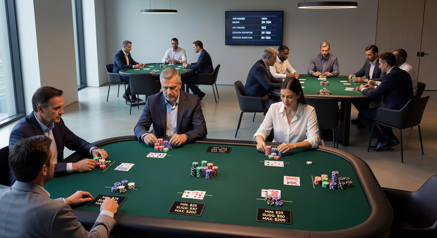 Side angle of card room tables illustrating lighting angles and chair arrangements that influence player posture over time