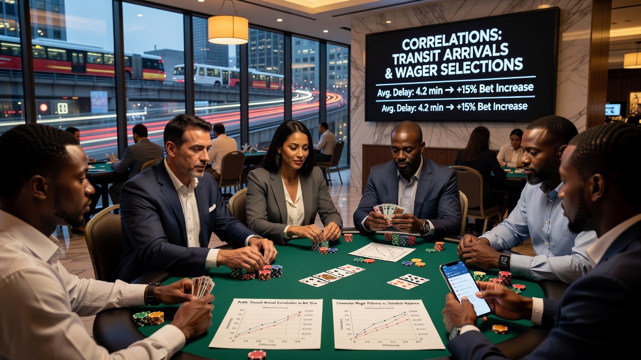 Commuters arriving at an urban casino poker table with transit schedules visible in background