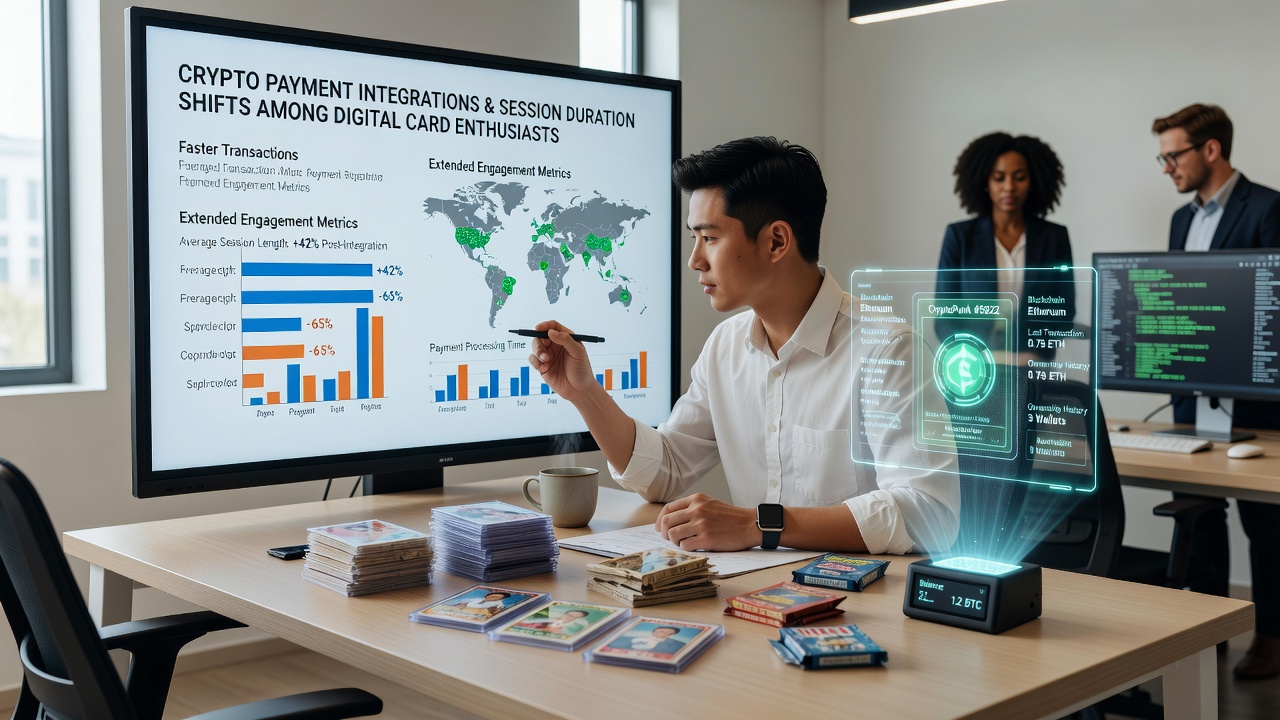 Analytics dashboard showing extended session metrics and cryptocurrency transaction volumes on digital card gaming platforms