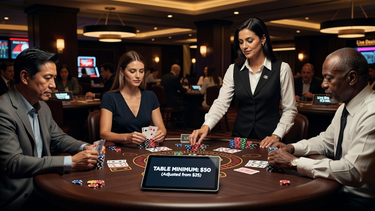 Live dealer blackjack table with chips and cards during a session showing minimum bet indicators