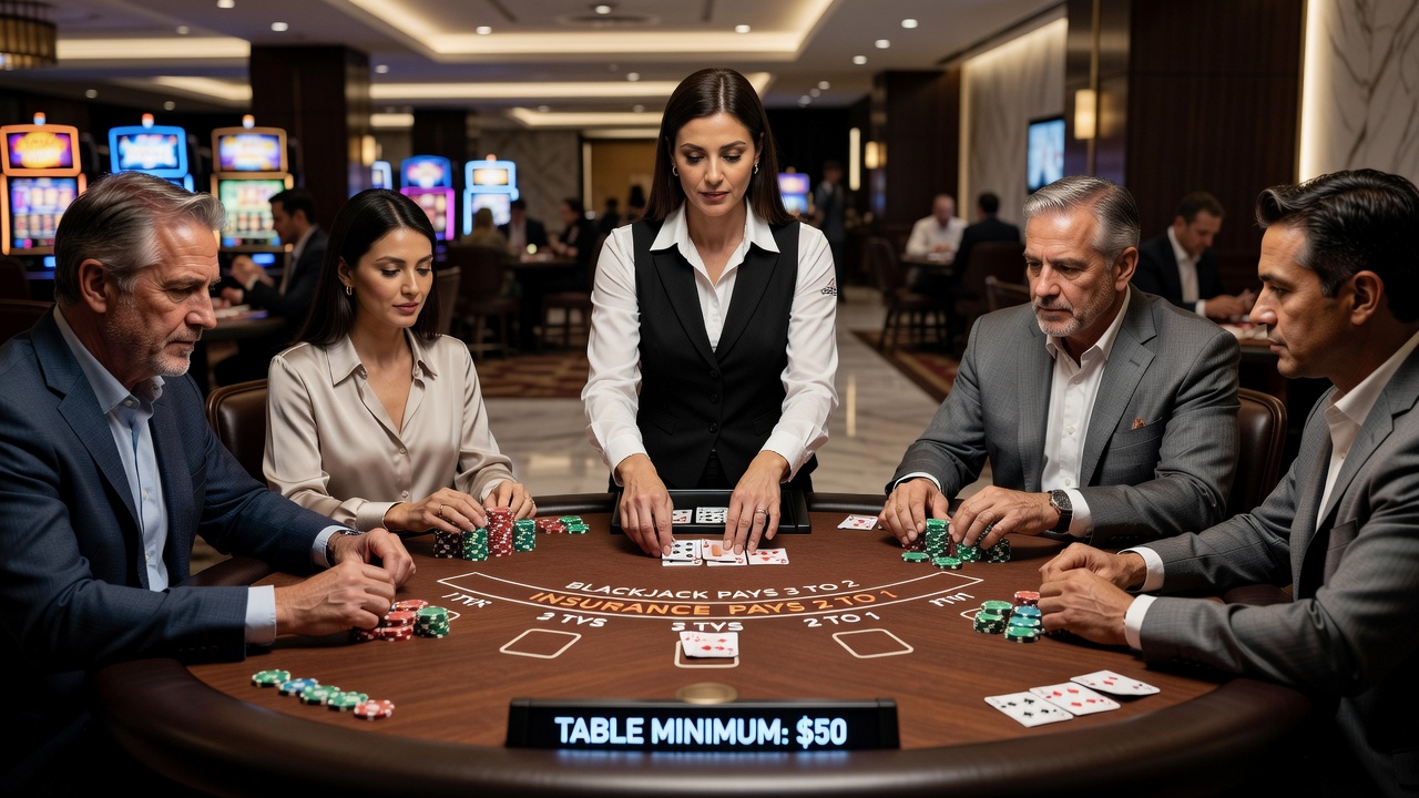 Blackjack strategy card overlay on a live dealer table interface with bet sizing indicators