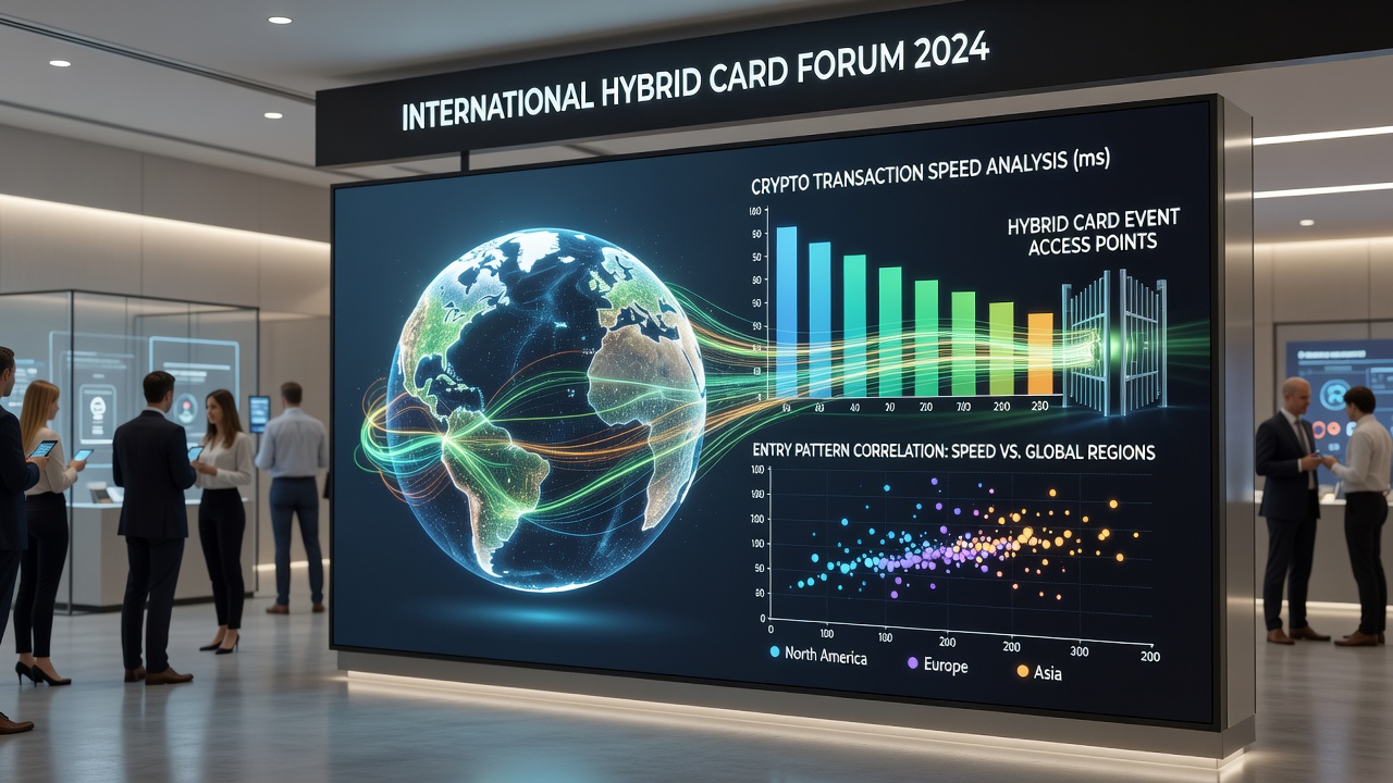Blockchain network visualization showing transaction confirmation times across major cryptocurrencies used in hybrid card events