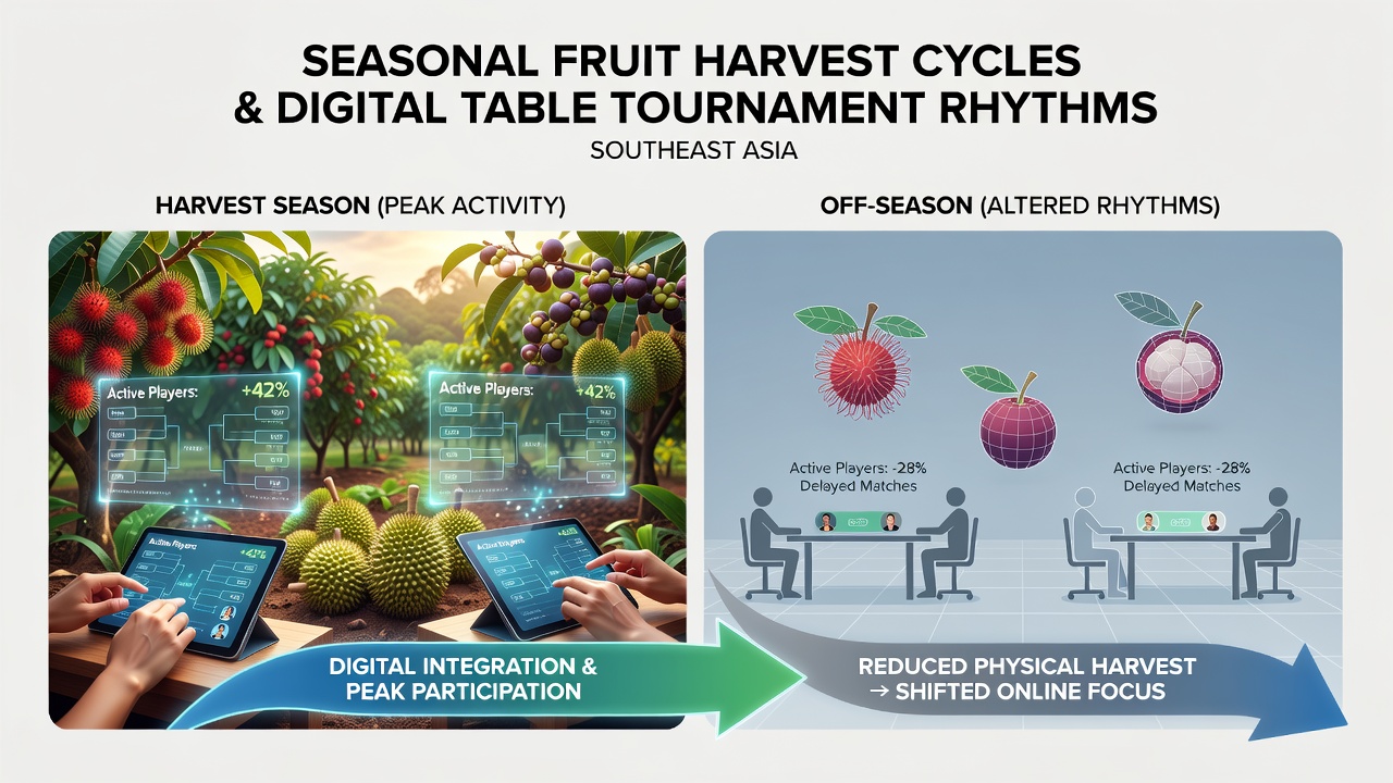Southeast Asian durian orchards during peak harvest season with workers collecting fruit near rural gaming hotspots