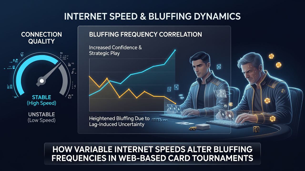 Players engaged in online card tournaments with network speed indicators displayed on screens showing variable connection quality during high-stakes bluffing moments
