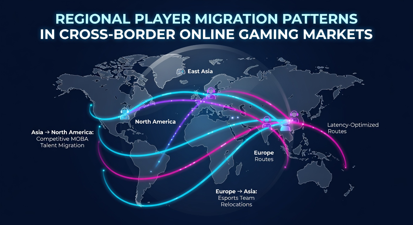 Global map illustrating player migration flows across online gaming regions with arrows showing movement directions between Asia, Europe, and North America