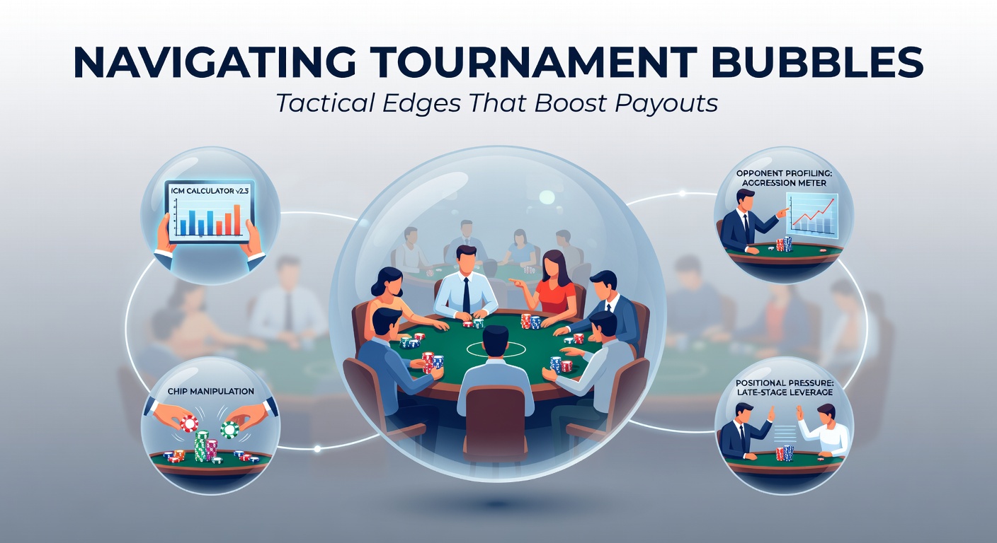 Players huddled around a poker table during a tense tournament bubble, stacks varying in height under bright casino lights