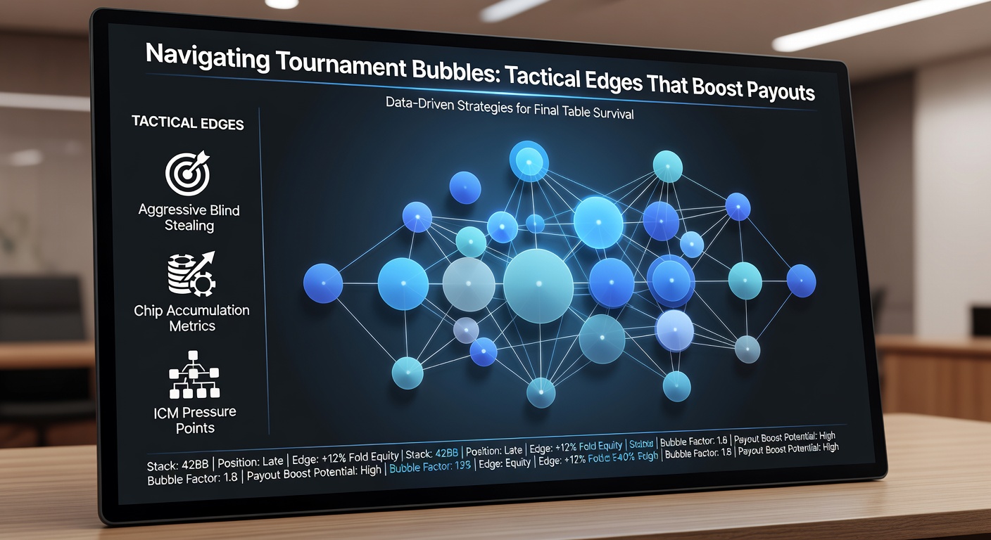 Close-up of a poker player's intense focus at the bubble stage, chips stacked meticulously with a tournament clock ticking in the background
