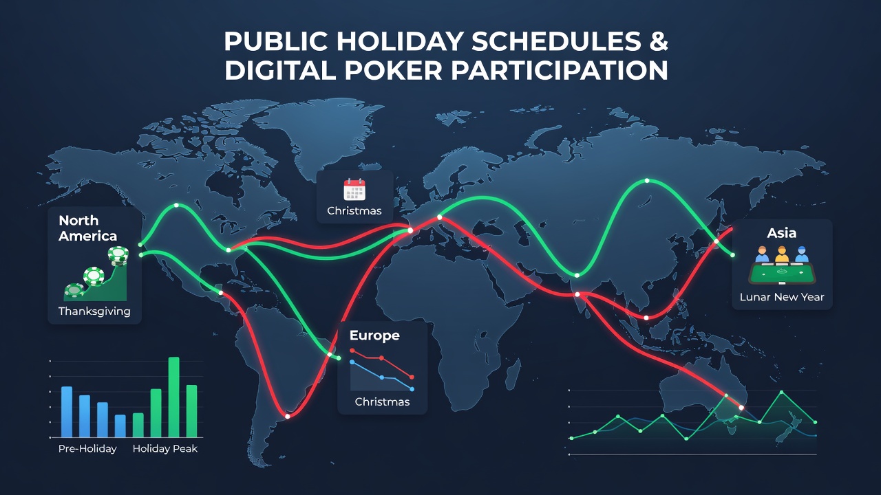 Digital poker players engaging on platforms during public holidays with global maps showing participation spikes
