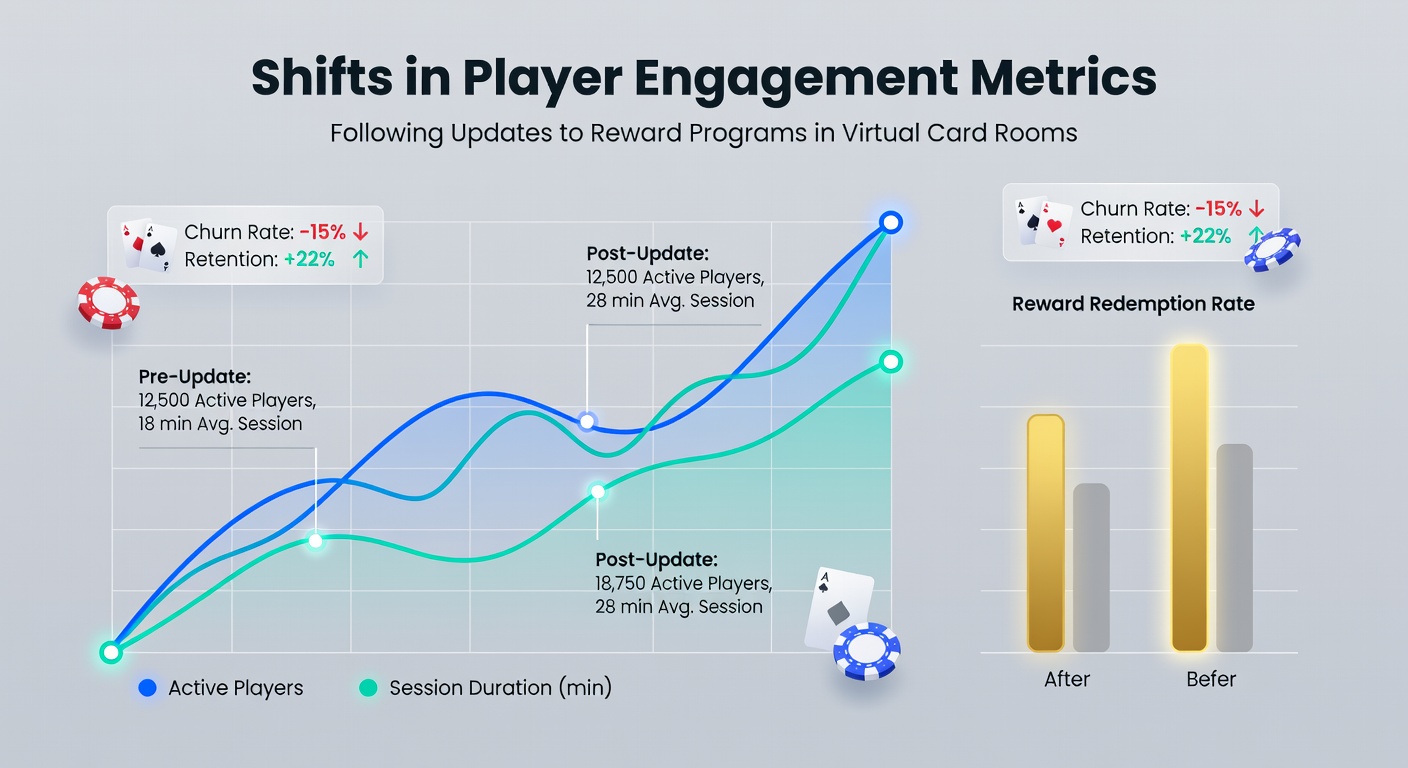 Virtual card room interface showing updated loyalty reward dashboard with player engagement charts