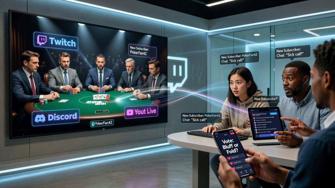 Live poker tournament broadcast on a streaming platform showing integrated chat and statistics overlays