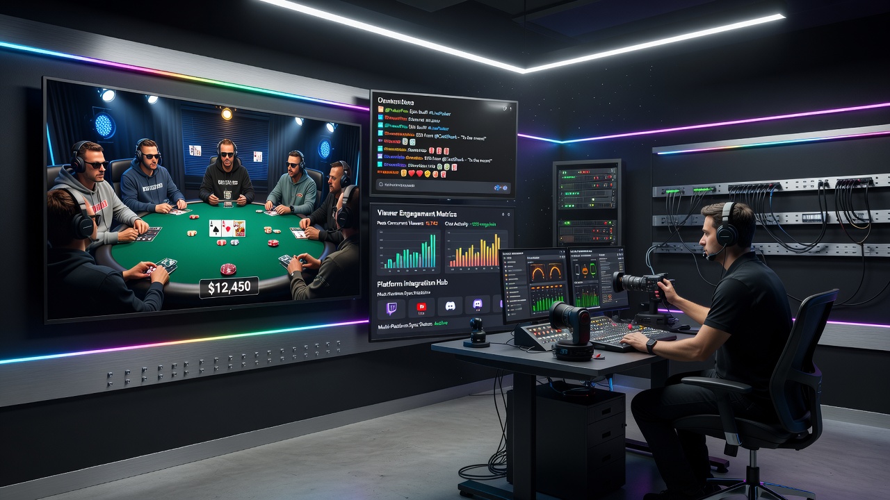 Close-up of streaming dashboard with poker stats and viewer interaction tools during a live tournament