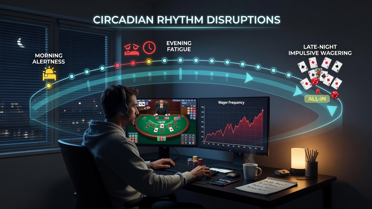 Remote table game players engaging in online blackjack and roulette sessions during late evening hours that may affect circadian rhythms