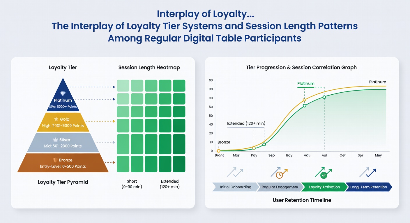 Analytics dashboard displaying tier progression alongside average session duration metrics for digital table games